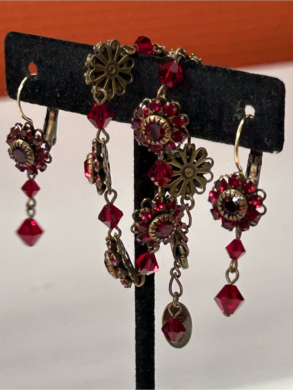 Liz Palacios Red Crystal Floral Drop Earrings and Bracelet Set